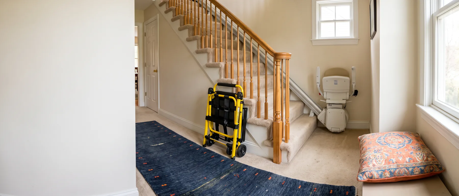A folded evacuation stair chair beside a stair lift at the foot of a staircase
