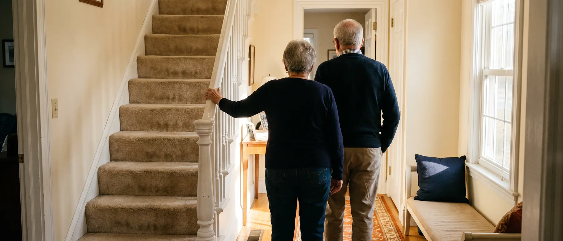 An older couple at the foot of the stairs in their home, seen from behind