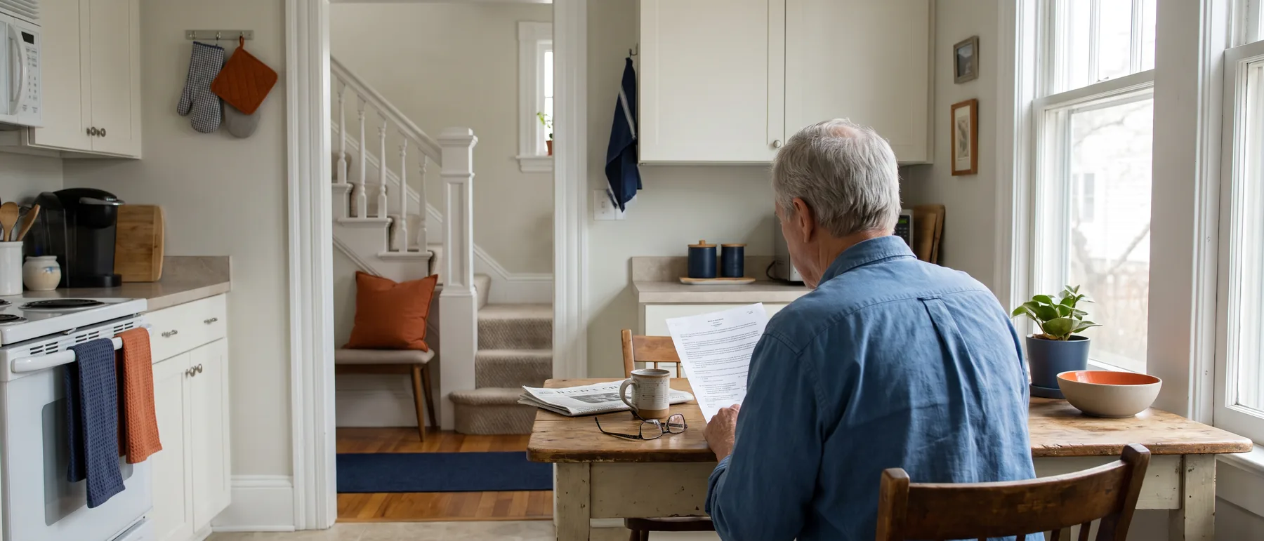 An older man reading an insurance letter at the kitchen table, his staircase behind him